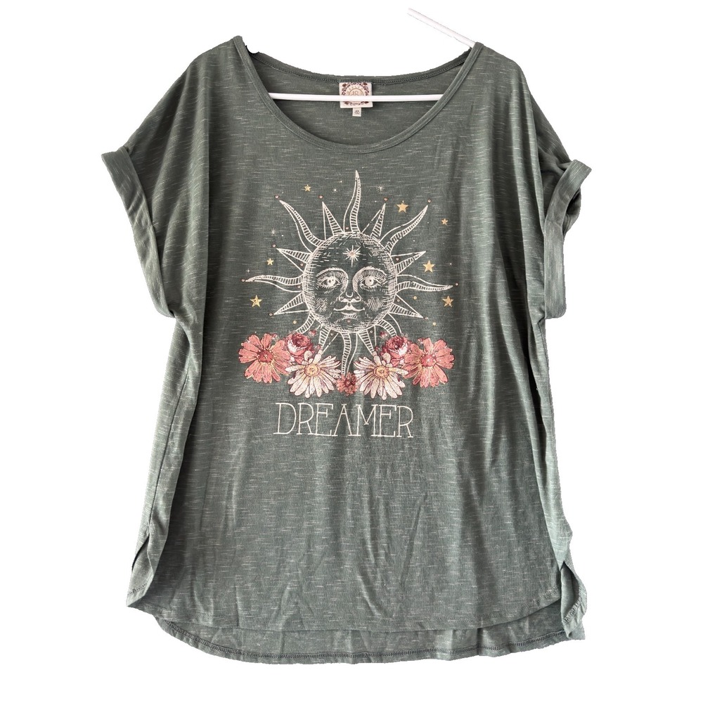 Tru Self T‑Shirt Women's 2X Olive Green Sun Dreamer Graphic Boho Embellished